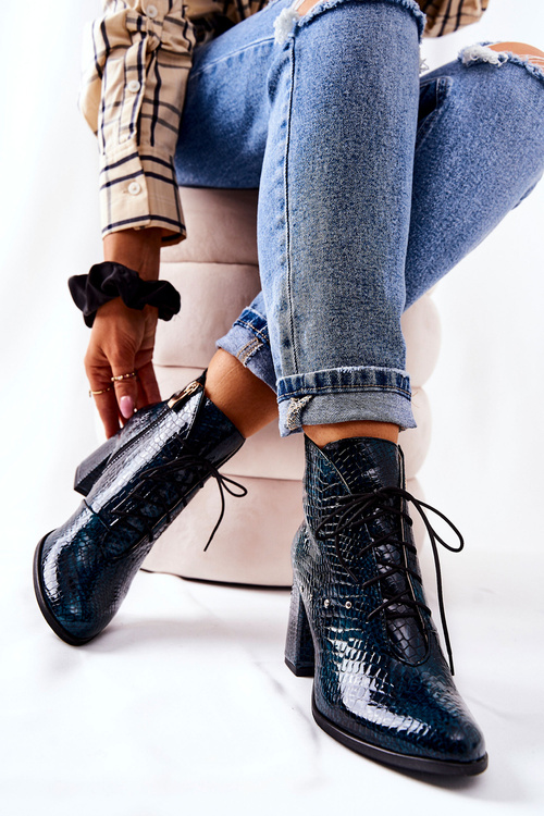 Damskie Skórzane Botki Na Słupku Zielone Neliko