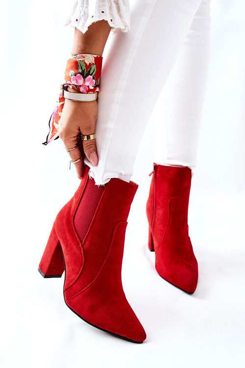 Damskie Zamszowe Botki Na Słupku Czerwone Kastren