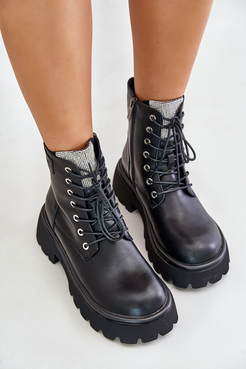 Ocieplane Skórzane Botki Workery Damskie Z Cyrkoniami GOE OO2N4125 Czarne