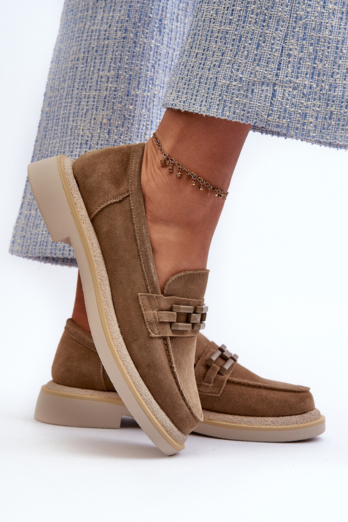 Mokasyny Damskie Zamszowe Na Płaskim Obcasie Z Ozdobą D&A TW101 Brązowe