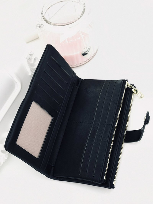 Duży Damski Czarny Portfel Złote Okucia