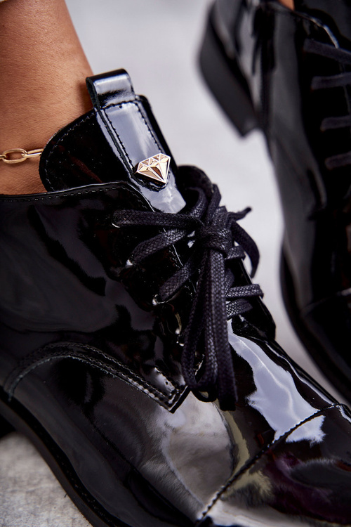 Lakierowane Botki Trzewiki Sznurowane Nicole 2781 Czarne