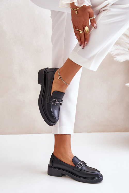 Skórzane Półbuty Mokasyny Damskie Czarne Beanika