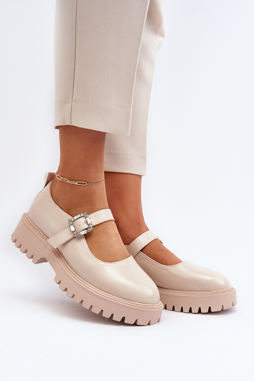 Damskie Lakierowane Półbuty Z Ozdobną Klamrą Beżowe Lindnessa