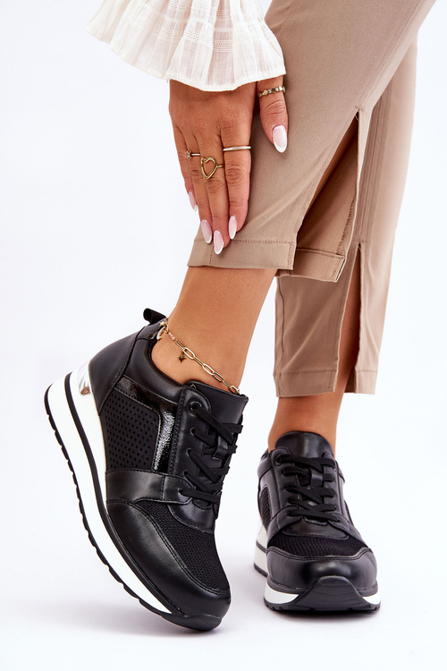 Skórzane Buty Sportowe Na Niewysokim Koturnie Czarne Braylen