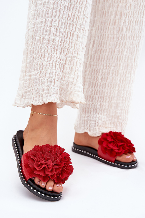 Klapki Damskie Z Materiałowymi Kwiatami Czerwone Elachase