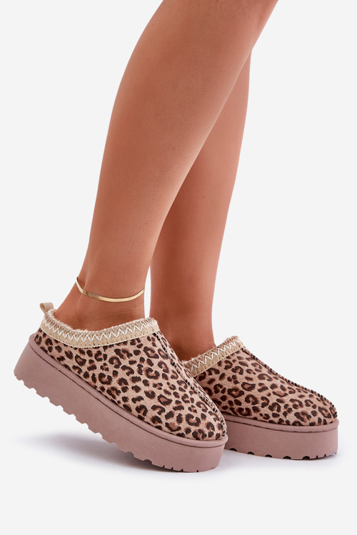 Śniegowce Damskie Na Platformie Ocieplane Futerkiem Panterka Brązowe Remenia