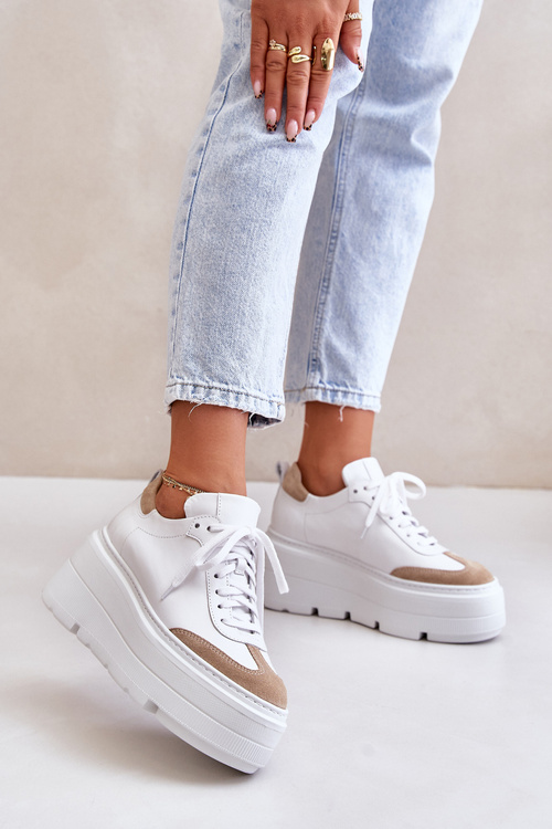 Skórzane Sneakersy Na Masywnej Platformie Lewski 3635/X Biało-Beżowe