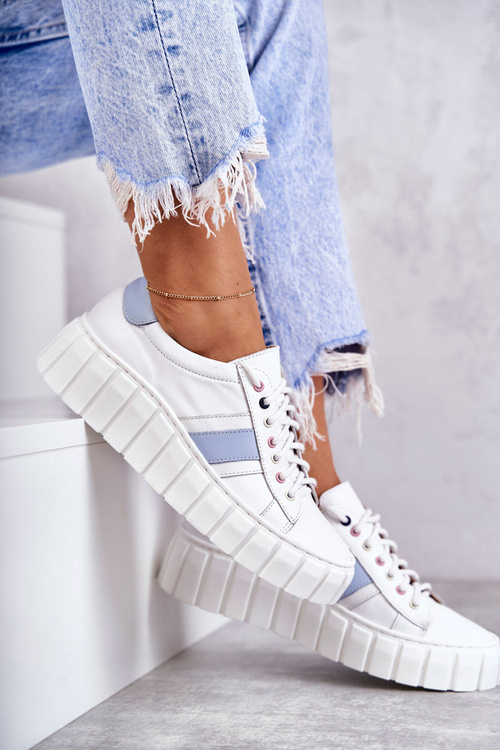 Damskie Skórzane Buty Sportowe Wiązane Biało-Niebieskie Ariva