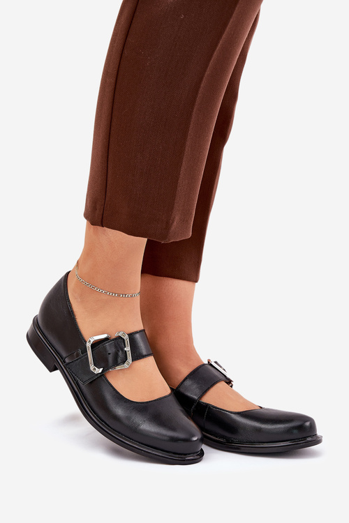 Skórzane Półbuty Damskie Z Klamrą Laura Messi 2980 Czarne