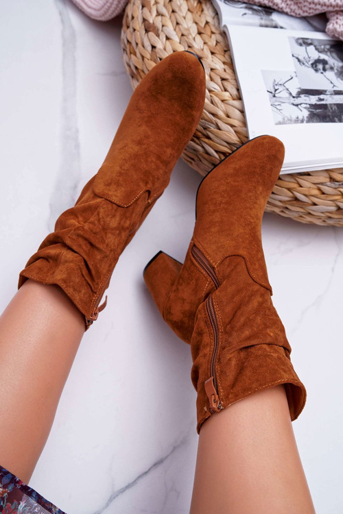 Botki Damskie Na Słupku Zamsz Camel Endless