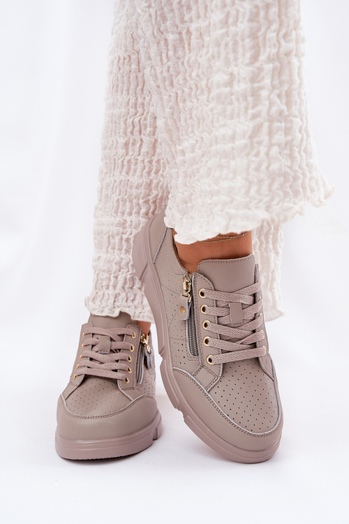 Skórzane Buty Sportowe Sneakersy Na Platformie Z Zamkiem Vinceza 88019 Ciemnobeżowe