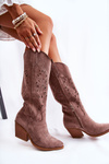 Zamszowe Kozaki Kowbojki Z Ażurowym Wzorem Brązowe Naya