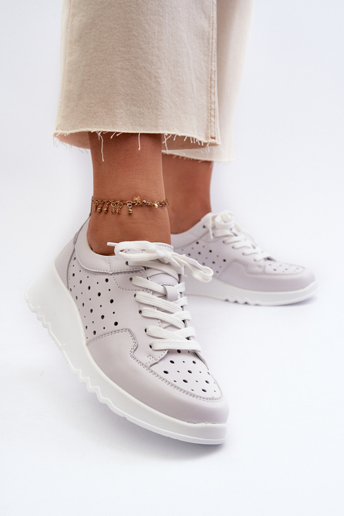 Ażurowe Damskie Sneakersy Na Koturnie Skóra Naturalna Jasnoszare S.Barski LR482