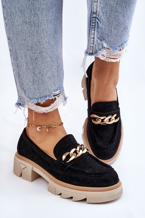 Damskie Półbuty Mokasyny Z Łańcuchem Czarne Luella