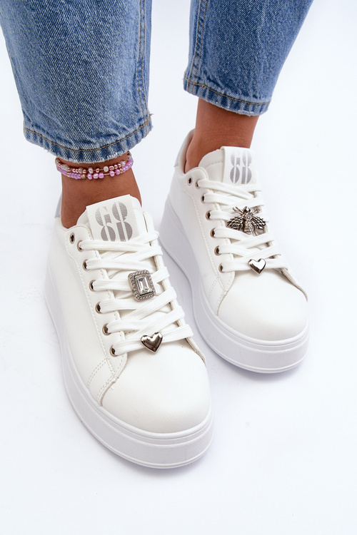 Sneakersy Damskie Na Platformie Z Ozdobami Białe Herbisa