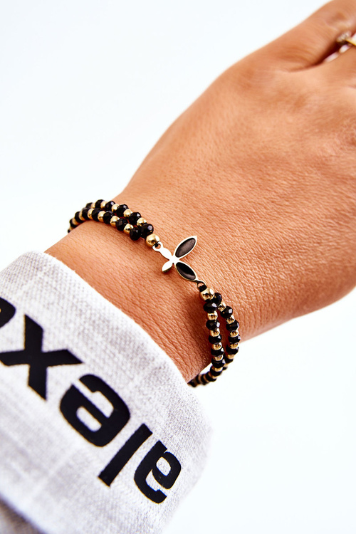 Damska Podwójna Bransoletka Z Koralikami Czarno-Złota Motyl