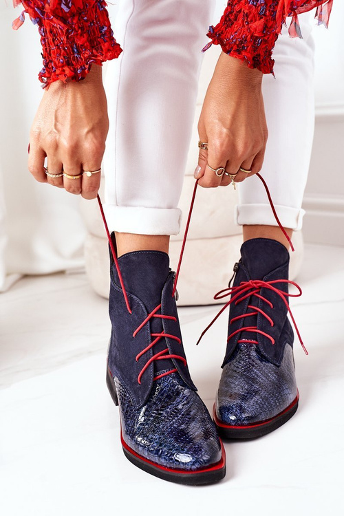 Skórzane Botki Z Krokodylim Wzorem Granatowe Cheyenne