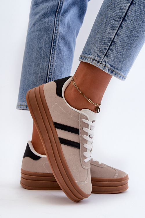 Sneakersy Damskie Na Platformie Beżowo-Czarne Egelia