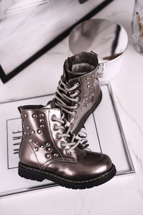 Dziecięce Ocieplane Botki z Dżetami Lakierowane Szare Fame