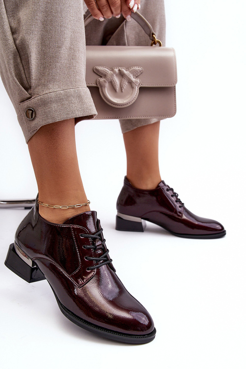 Lakierowane Półbuty Damskie Sznurowane Bordowe Banosa