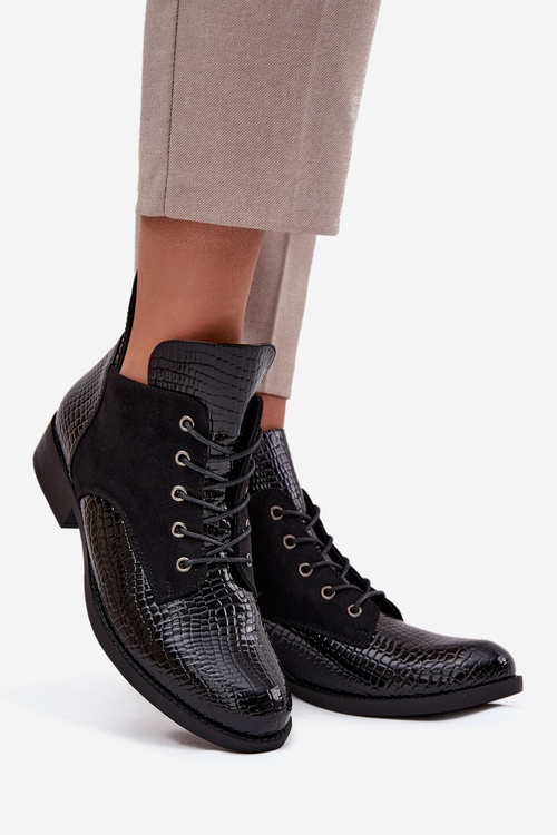 Lakierowane Botki Damskie Z Ozdobnym Tłoczeniem Ocieplane Vinceza 16477 Czarne