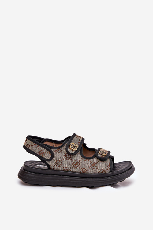 Damskie Wzorzyste Materiałowe Sandały Ze Złotymi Detalami Beżowo-Czarne Pefese