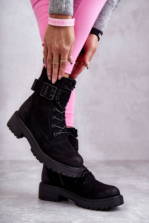 Damskie Botki Zamszowe Sznurowane Na Płaskim Obcasie Czarne Firmina