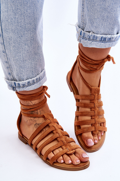 Damskie Zamszowe Sandały Rzymianki Camel Sempre