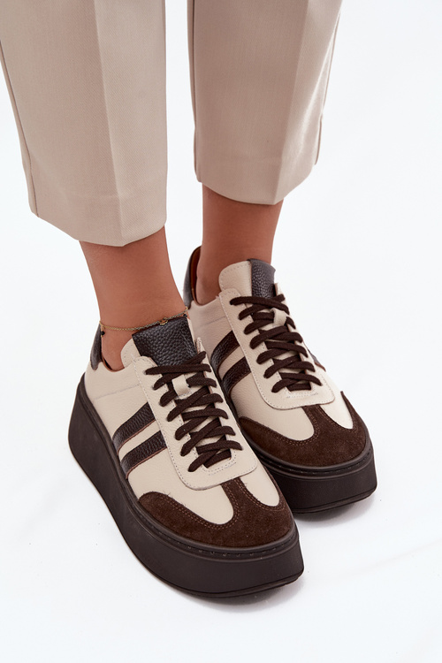 Skórzane Sneakersy Damskie Na Platformie Zazoo 3775 Beżowo-Czekoladowe