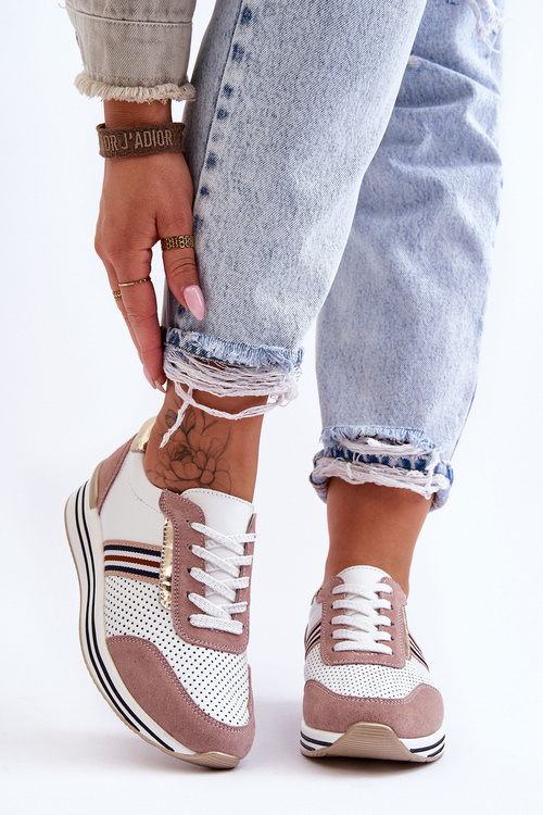 Skórzane Buty Sportowe S.Barski AL21575 Biało-Różowe