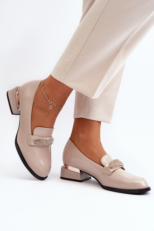 Damskie Półbuty Lakierowane Na Niskim Obcasie Beżowe Marilni