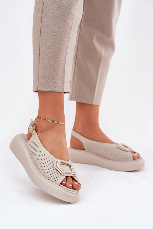 Skórzane Sandały Damskie Z Ozdobą S.Barski LR51-786 Beżowe