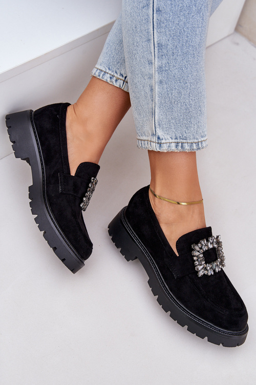 Eko Zamszowe Mokasyny Damskie Z Ozdobną Broszką Czarne Valiana