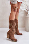 Ażurowe Kozaki Do Połowy Łydki Na Słupku Zamszowe Lewski 3609 Brązowe