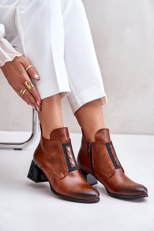 Zazoo 60504 Skórzane Botki Na Klocku Ocieplane Brązowe