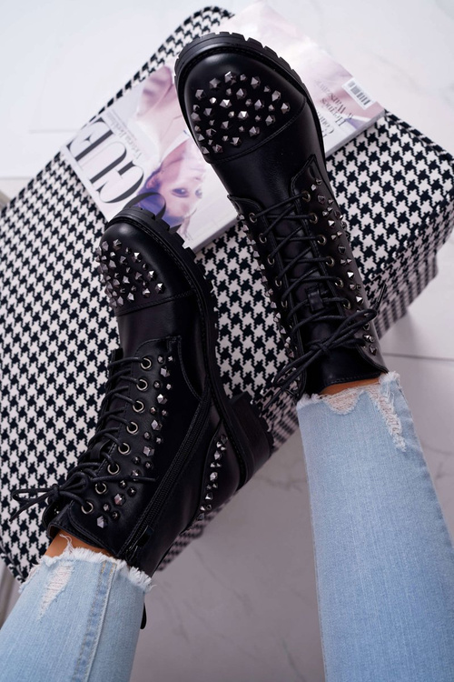 Damskie Botki Workery Z Dżetami Czarne Gether