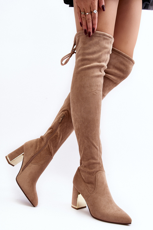 Zamszowe Kozaki Za Kolano Na Słupku Beżowe Amalitas