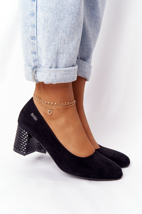 Zamszowe Czółenka Na Karbowanym Słupku Sergio Leone Czarne