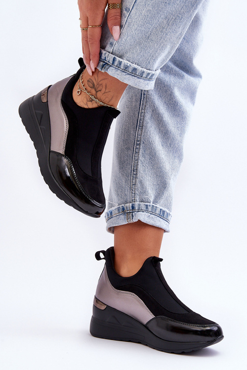 Damskie Wsuwane Buty Sportowe Na Koturnie Czarno-Srebrne Farro