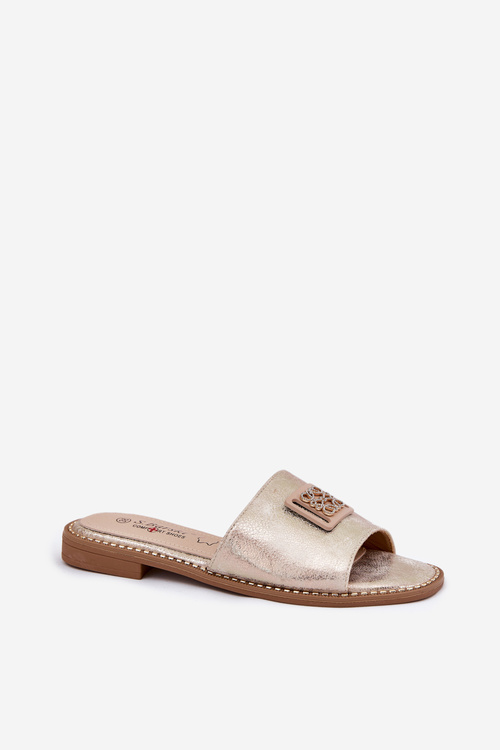 Damskie Klapki Na Płaskim Obcasie Z Ozdobą S.Barski KV51-089 Złote