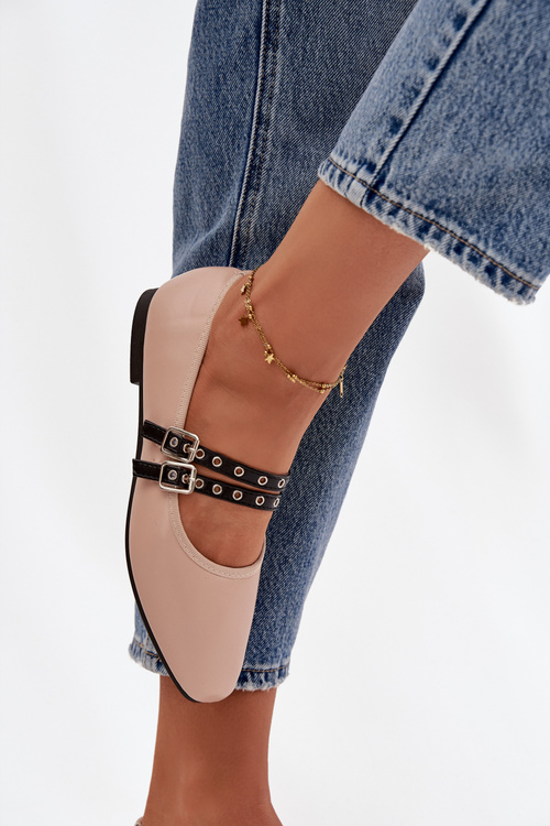 Baleriny Damskie Z Paskami Beżowe Deliora