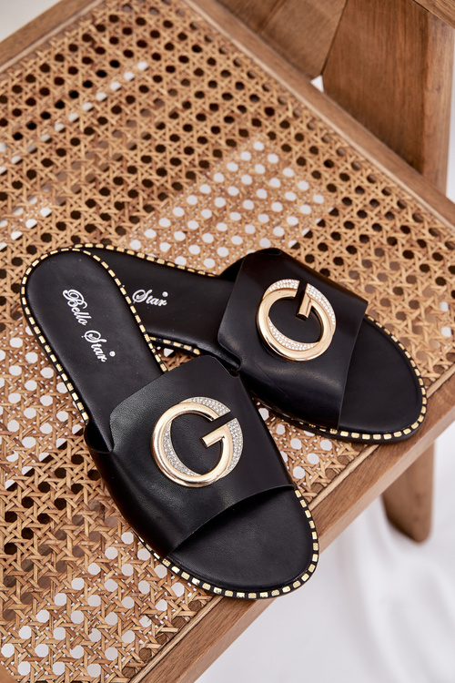 Eko Skórzane Płaskie Klapki Damskie Z Ozdobnym Detalem Czarne Frelie