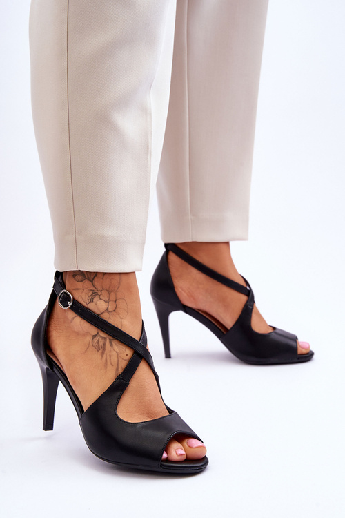 Modne Skórzane Sandałki Na Szpilce Sergio Leone SK429 Czarne