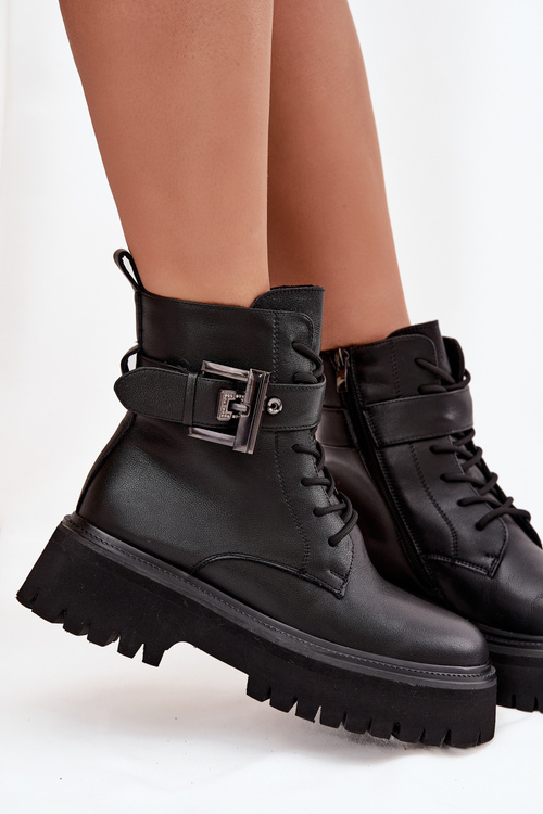 Skórzane Botki Workery Damskie Ocieplane Z Ozdobną Klamrą D&A MK52-032 Czarne