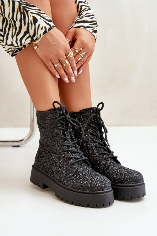 Ocieplane Botki Workery Damskie Ozdobione Cekinami Czarne Liatheine