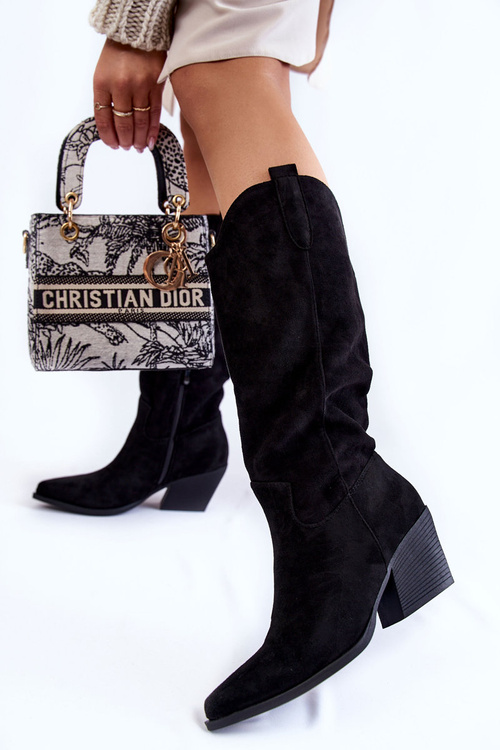 Damskie Zamszowe Kozaki Kowbojki Czarne Alaina