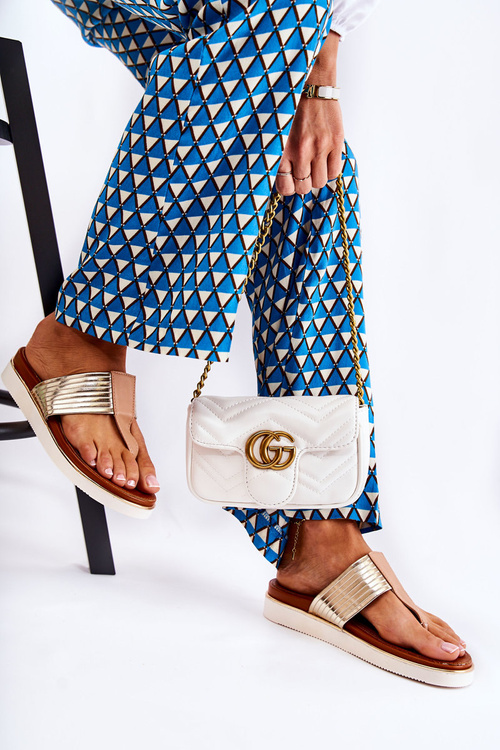 Damskie Klapki Japonki Na Platformie Beżowo-Złote Morissa