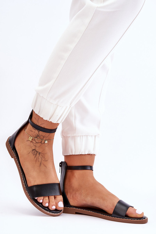 Skórzane Płaskie Sandały Na Zamek Czarne Millou