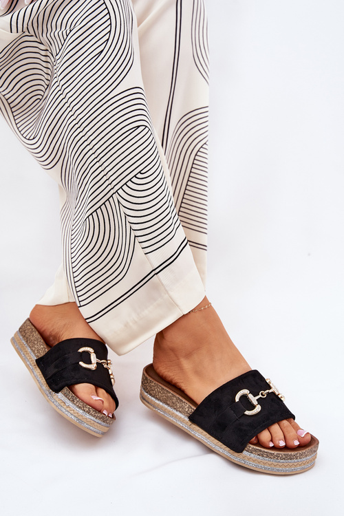 Klapki Damskie Na Platformie Ze Złotą Ozdobą I Brokatem Czarne Morisela